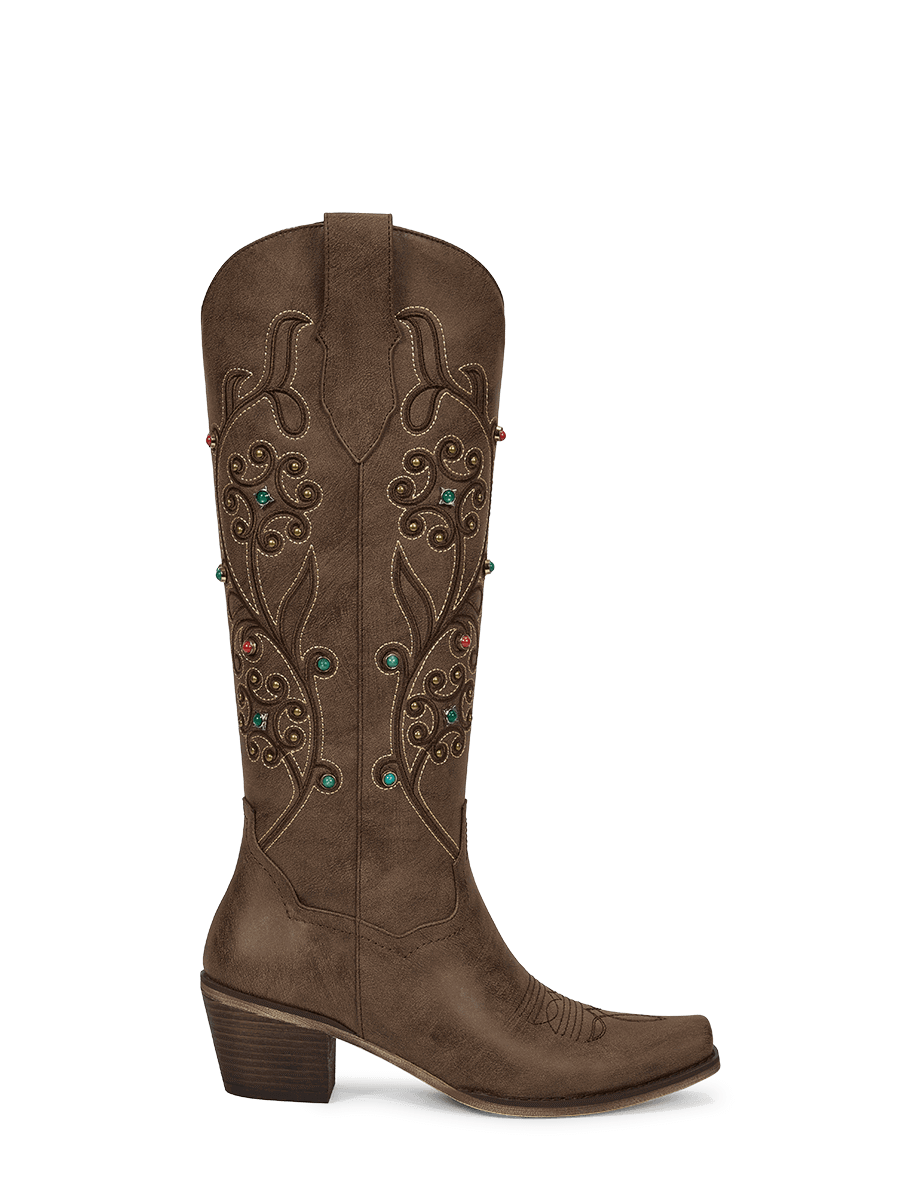 Retro-embroidered-colorful-gemstone-brown-western-side-zipper-boots