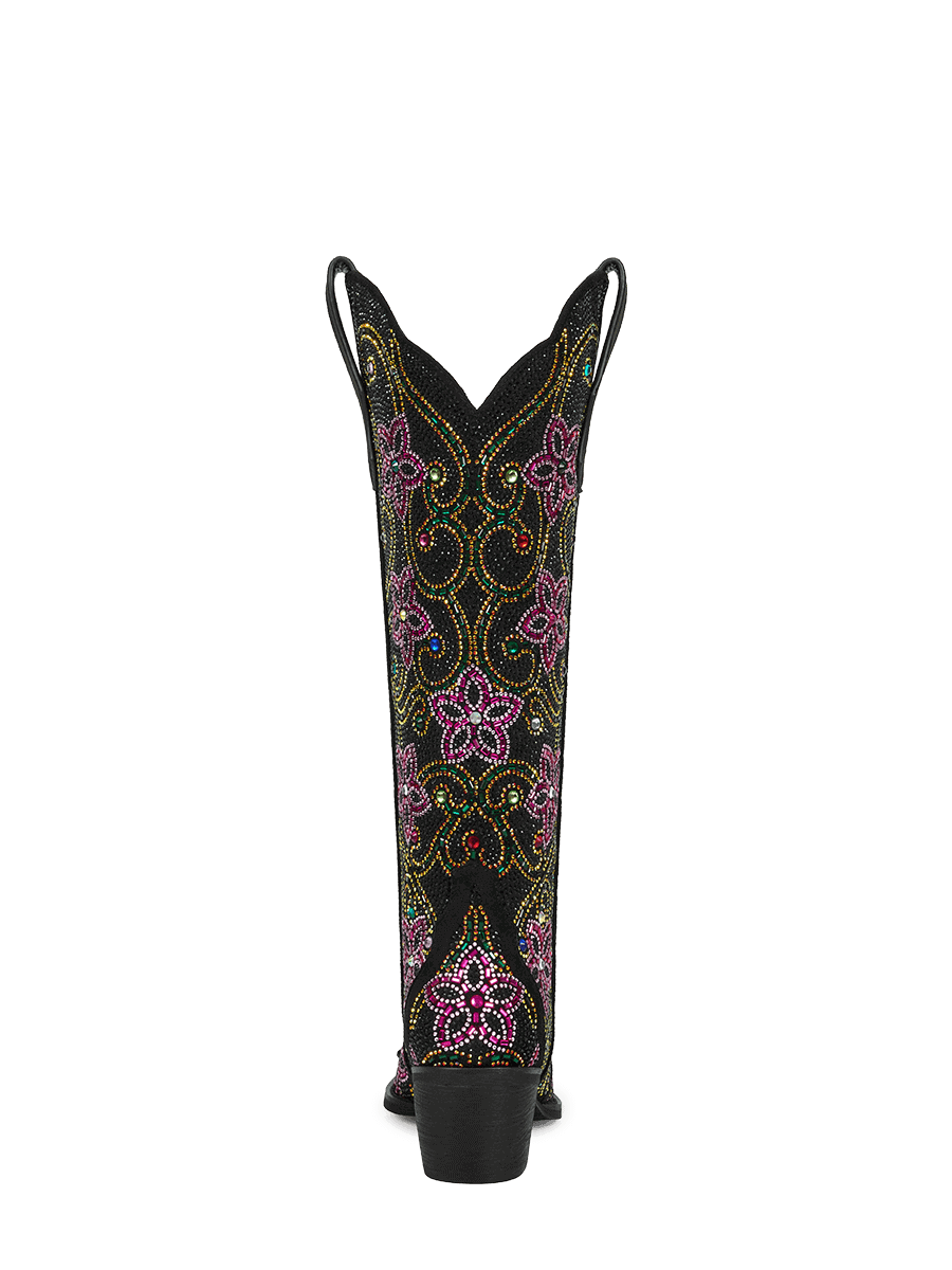 Retro-style-colorful-rhinestone-floral-mid-heel-western-boots