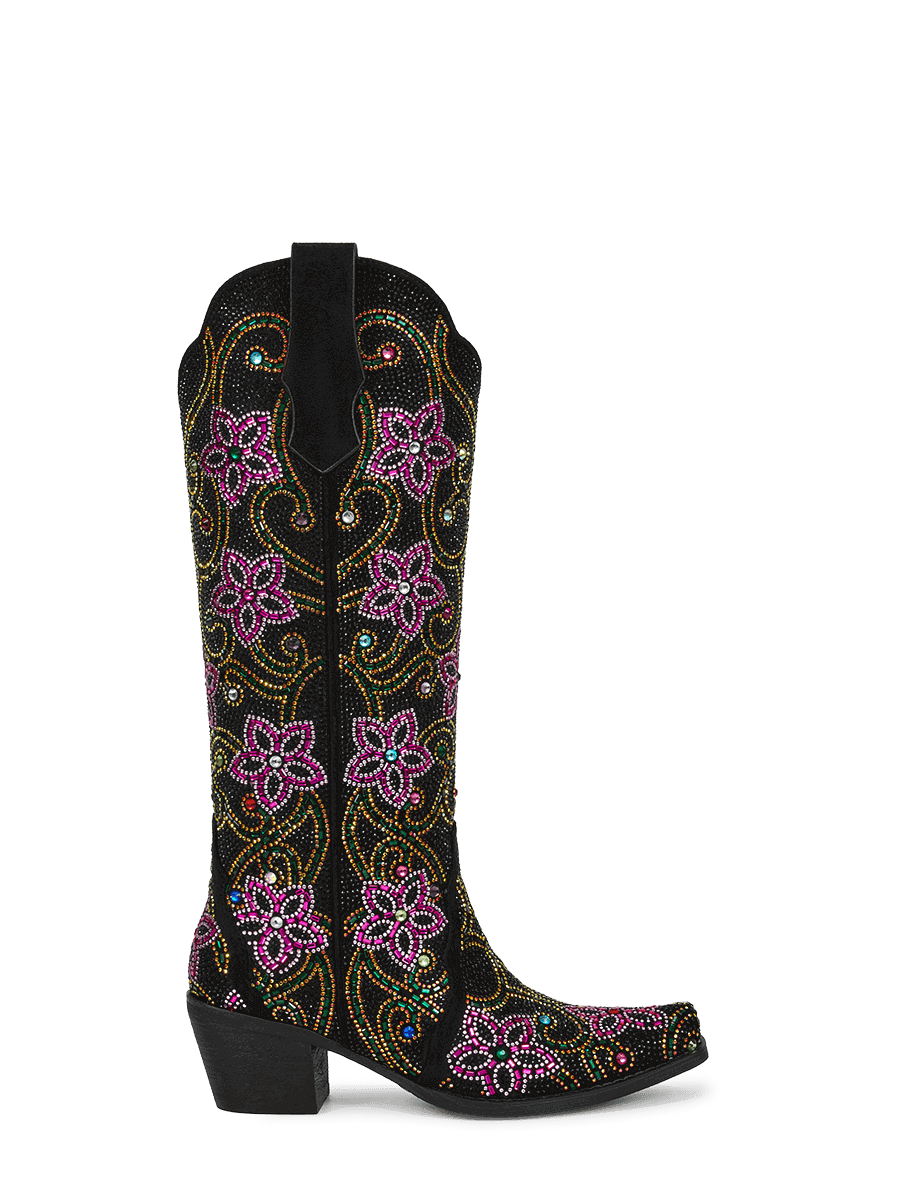 Retro-style-colorful-rhinestone-floral-pull-on-western-boots