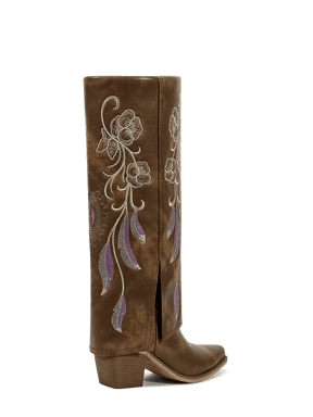 Side-zipper-embroidery-floral-mid-heel-brown-fold-over-boots