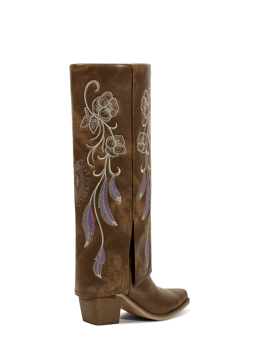 Side-zipper-embroidery-floral-mid-heel-brown-fold-over-boots