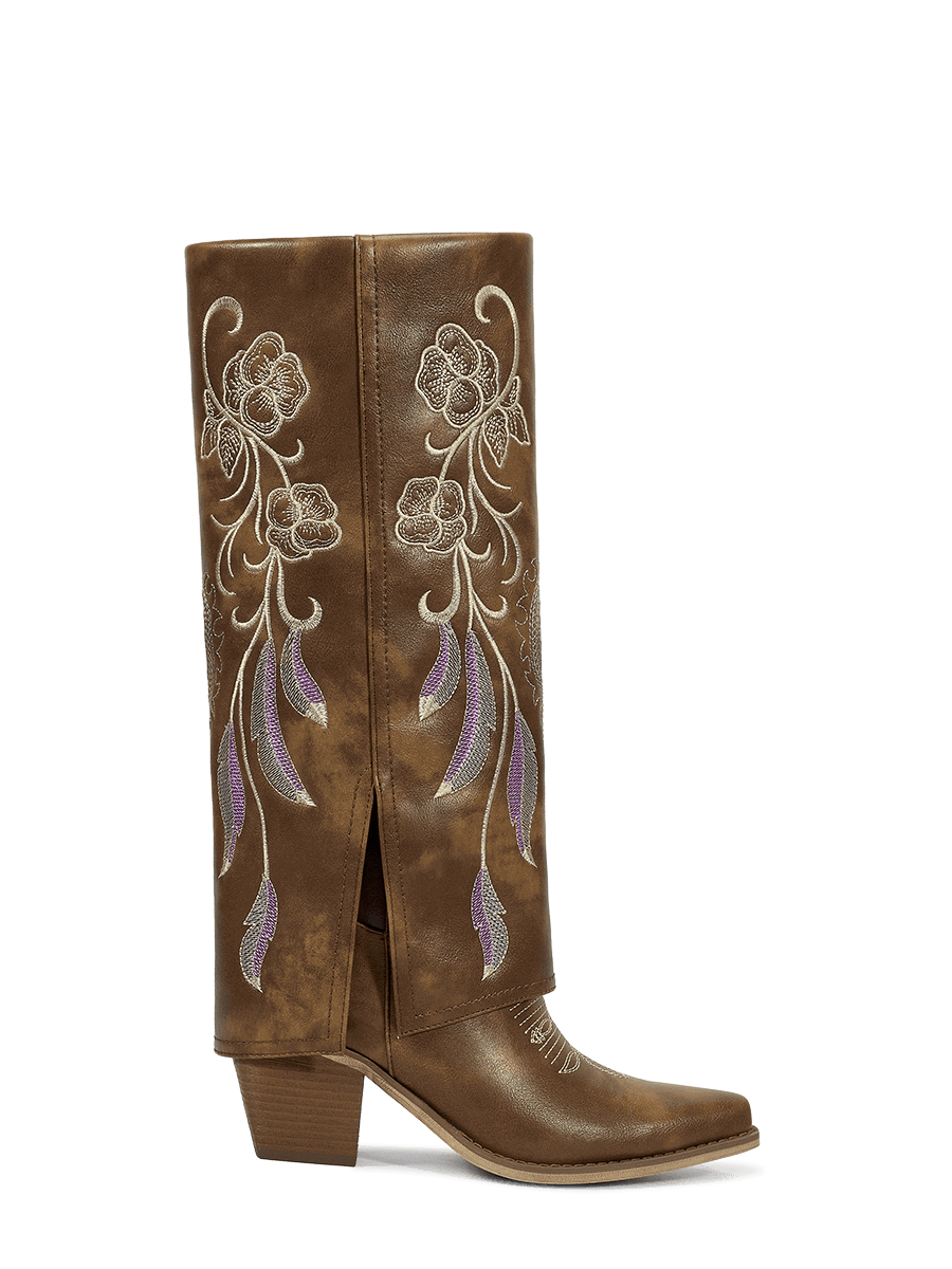 Side-zipper-pu-embroidery-floral-brown-fold-over-boots