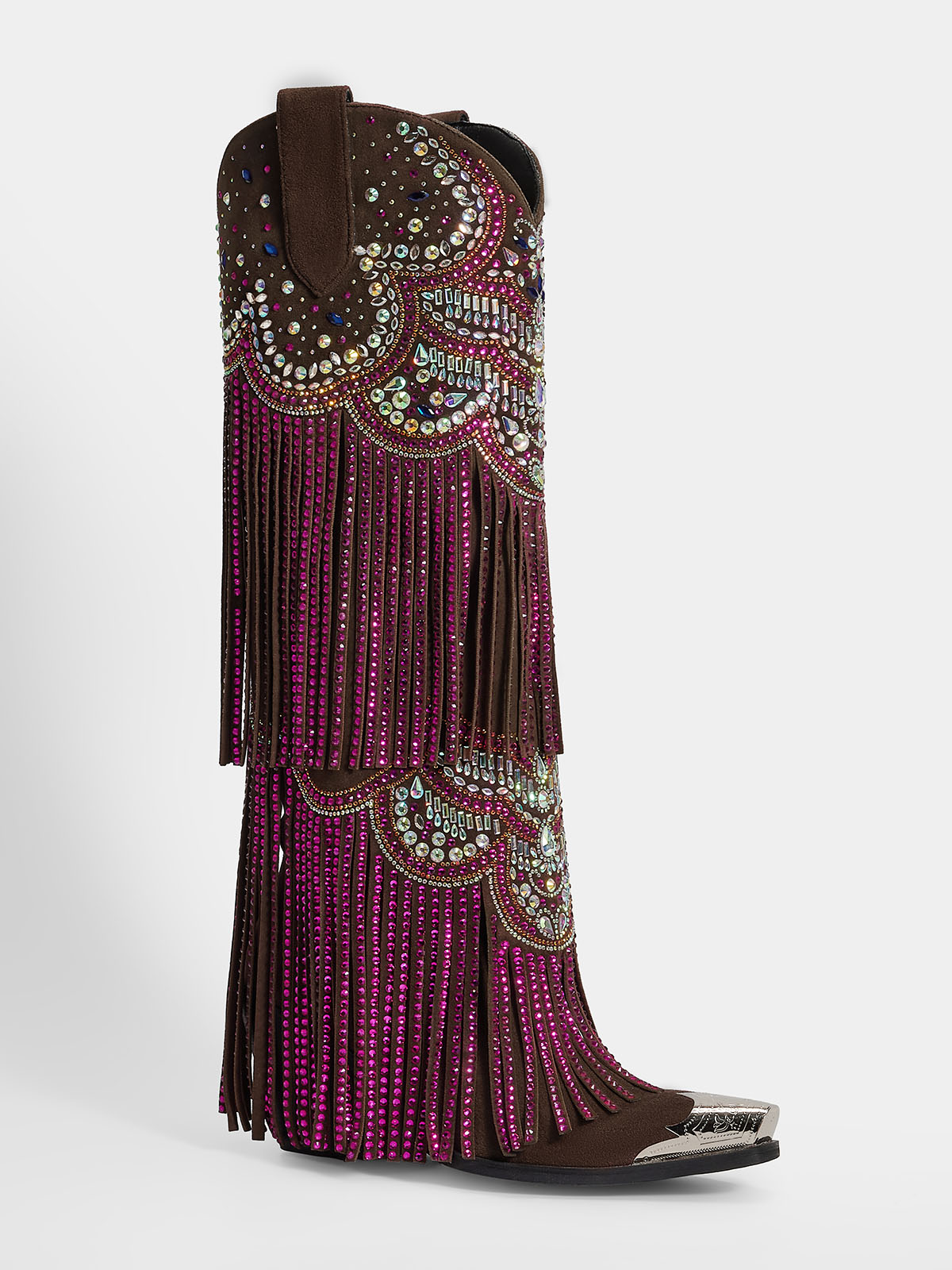 Decorative boot with beads and fringes on a black background