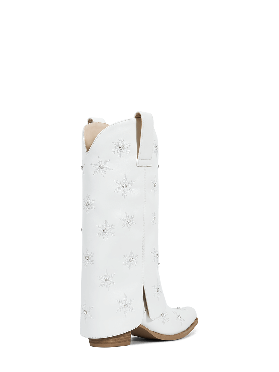 White-snowflake-christmas-theme-fold-over-mid-heel-boots