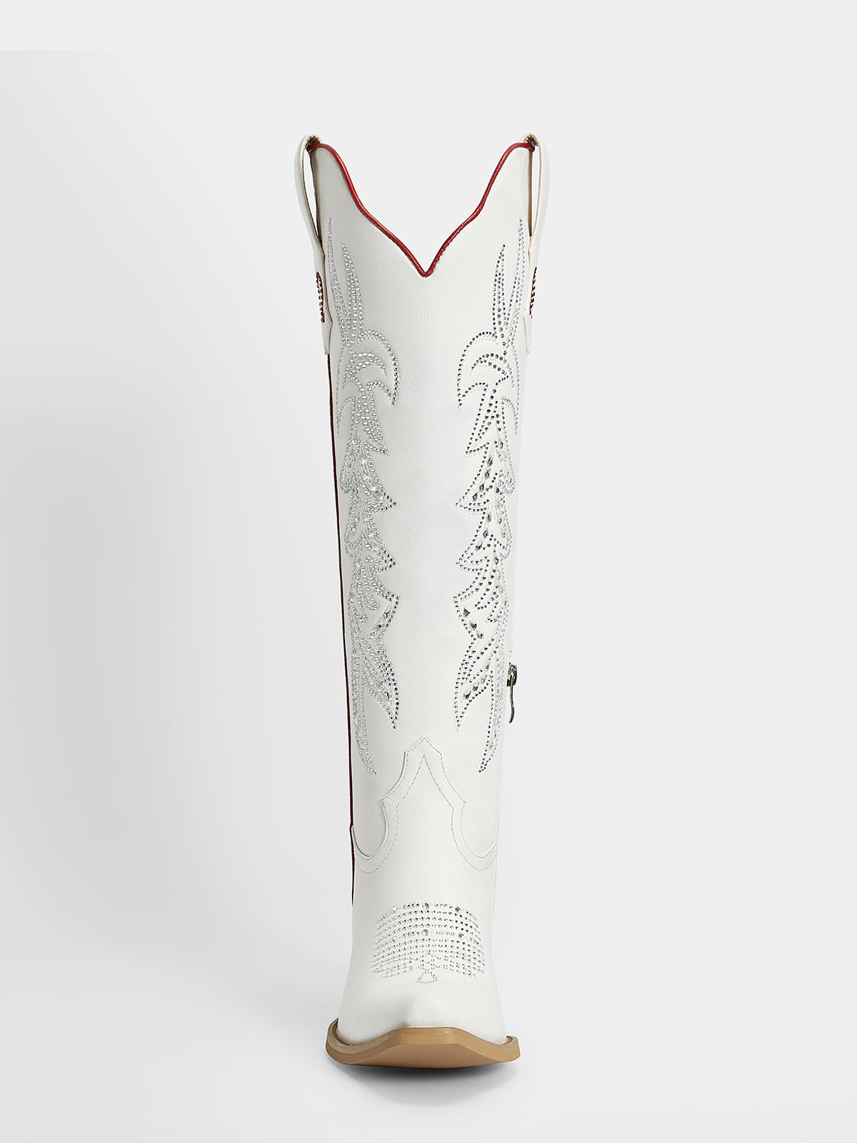 A single white leather cowboy boot shown from the back, featuring silver-toned metallic floral embroidery, a red stitched trim along the collar, and a tan sole.