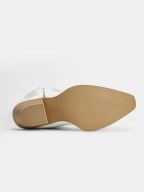 The underside of a white western boot with a tan outsole, shown against a plain light gray background.