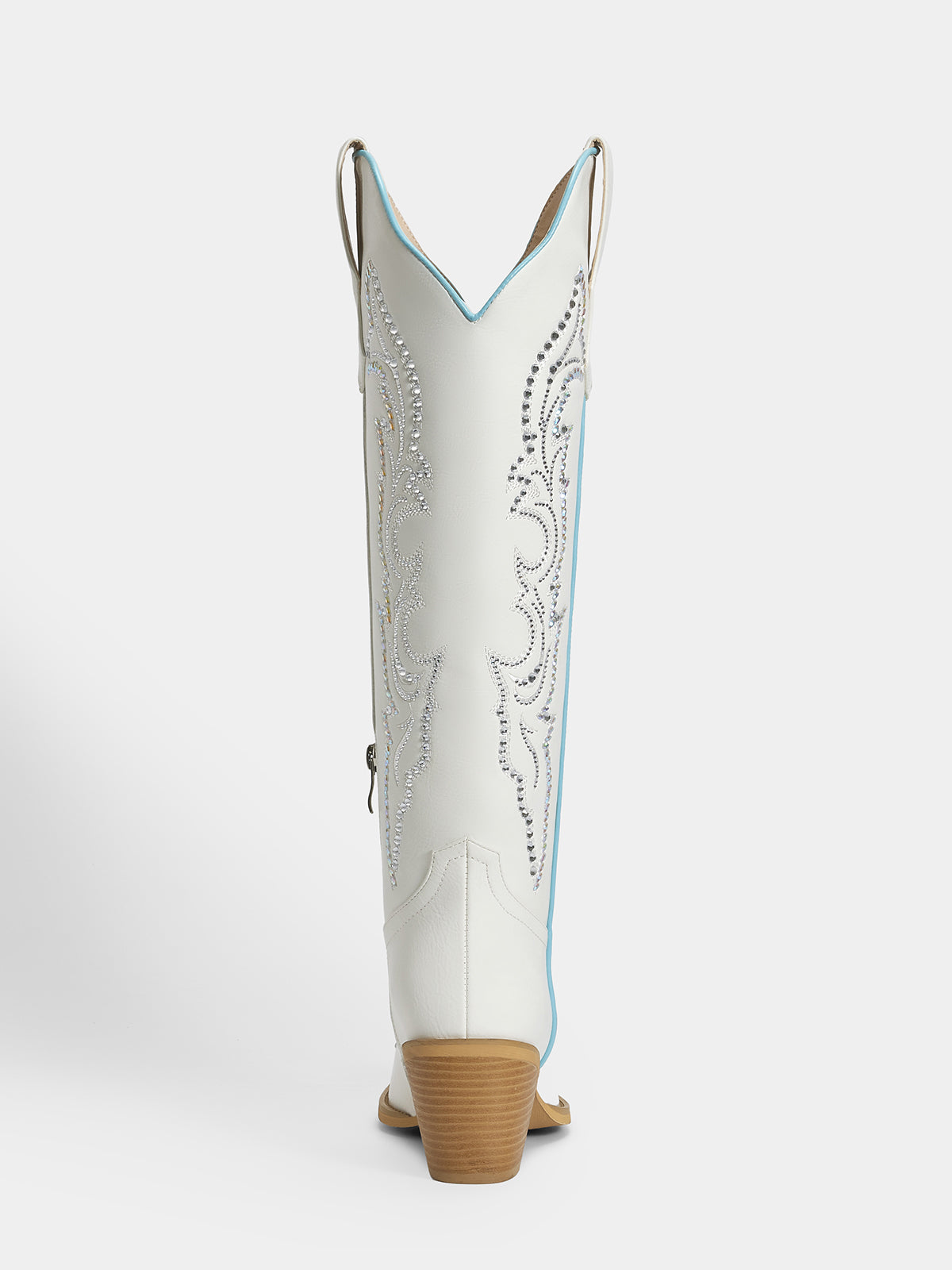 A single white western cowboy boot shown from the back, featuring silver rhinestone embroidery, a light blue edge trim, and a tan stacked heel, set against a plain light gray background.
