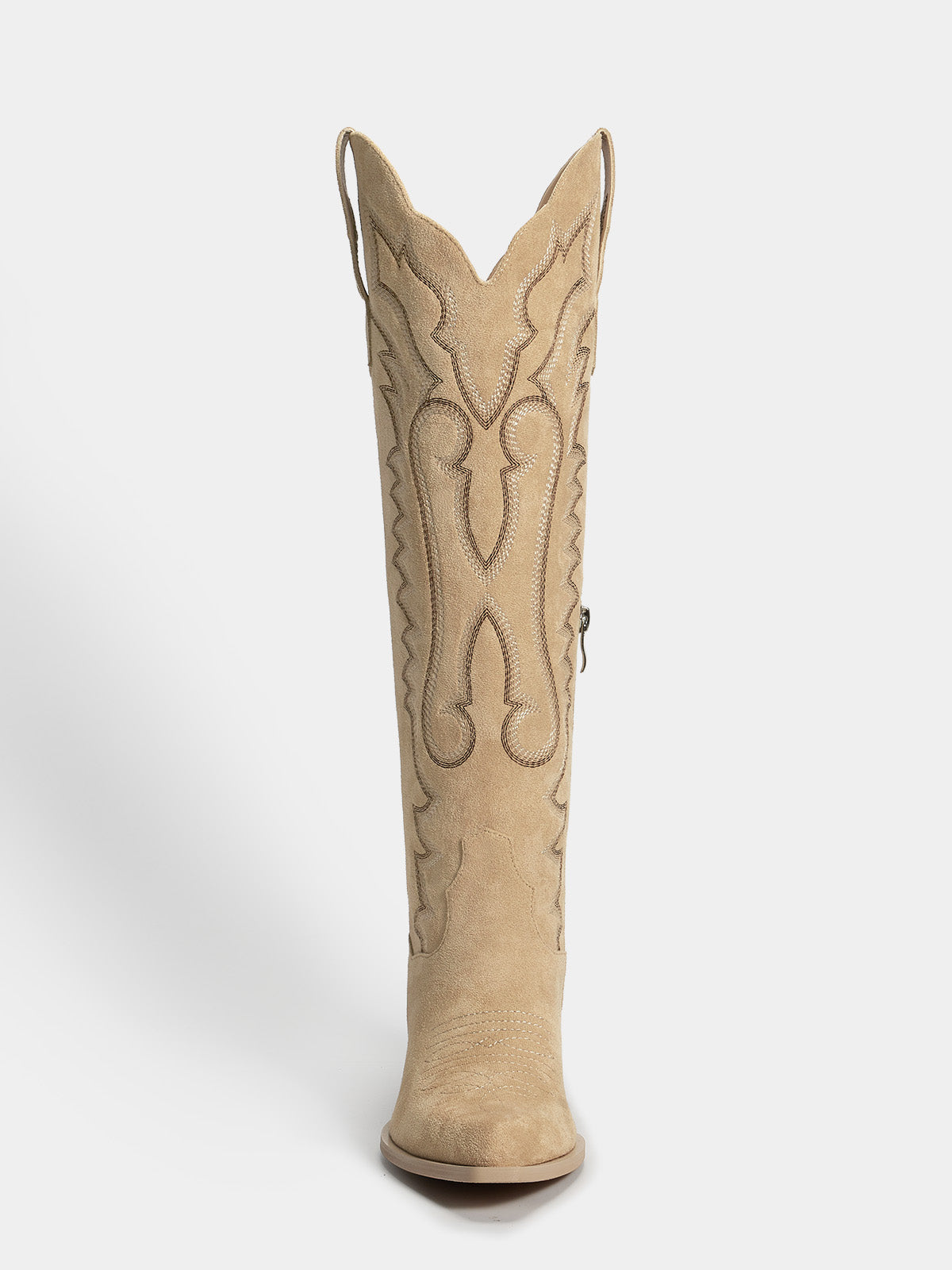 beige_faux_suede_pointed_toe_high_shaft_cowgirl_boots