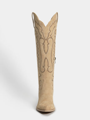 beige_faux_suede_pointed_toe_high_shaft_cowgirl_boots