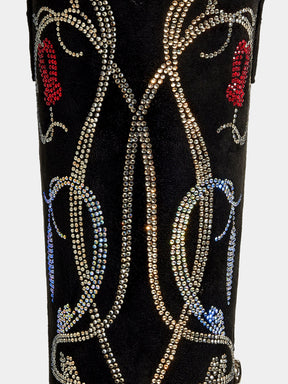 black-rhinestone-lily-pattern-faux-suede-cowgirl-boots