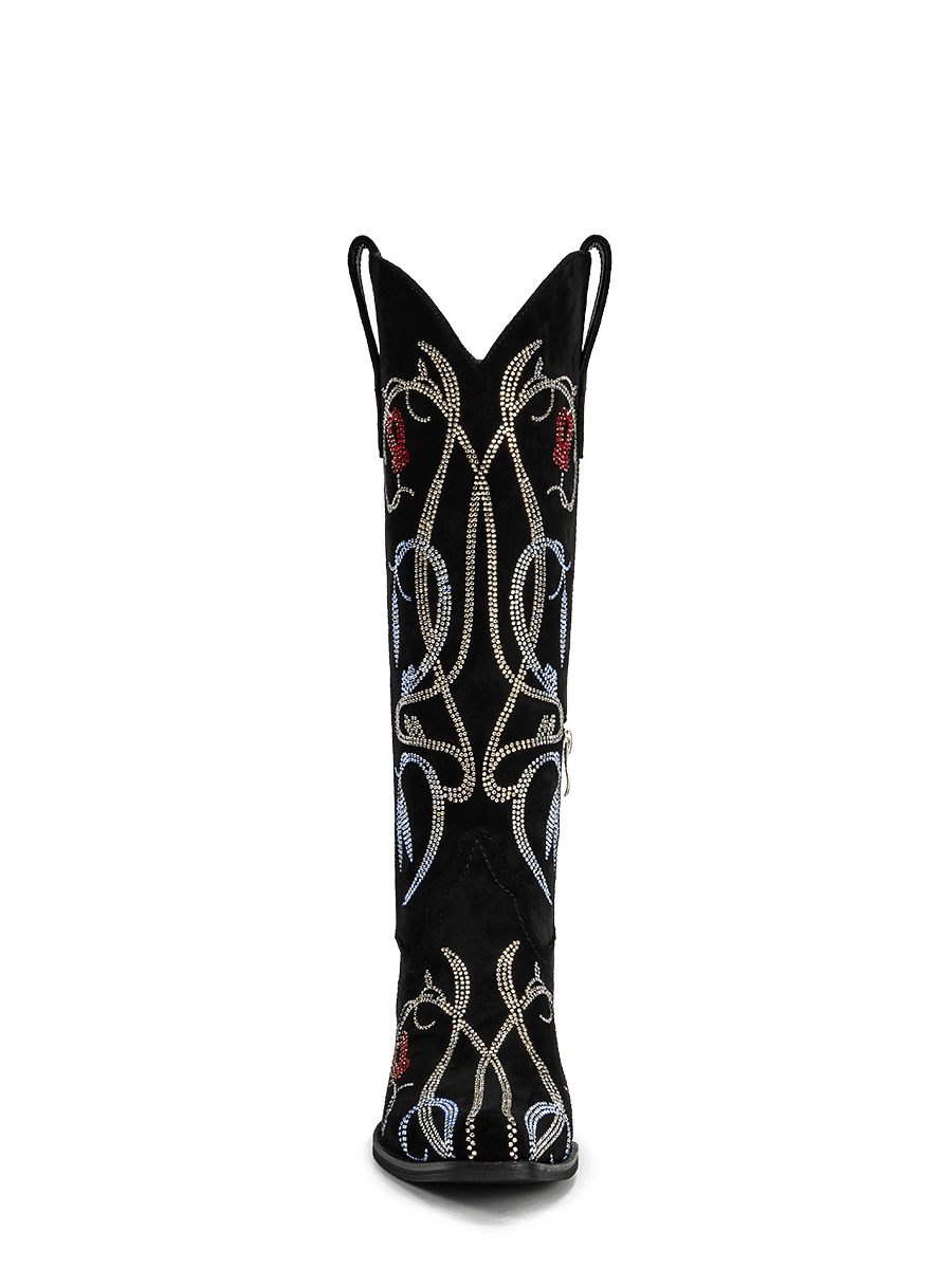 black-rhinestone-lily-pattern-mid-calf-cowgirl-boots