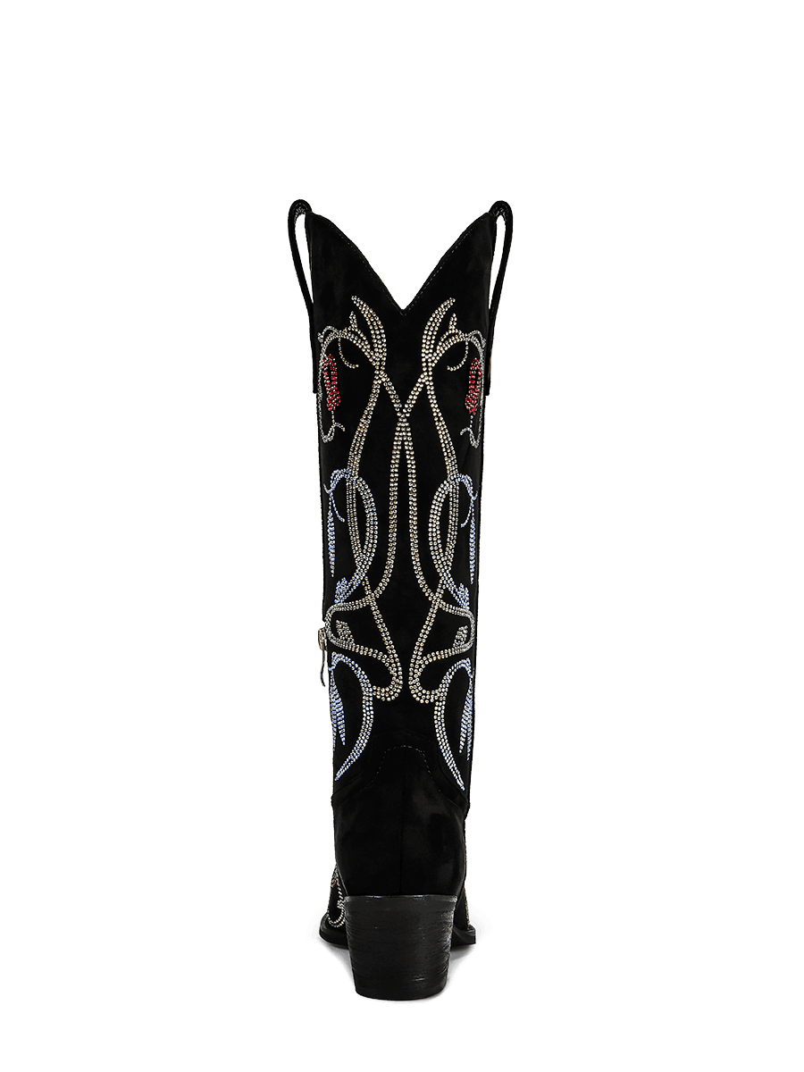 black-rhinestone-lily-pattern-mid-heel-cowgirl-boots