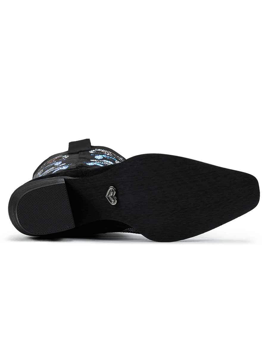 black-rhinestone-lily-pattern-rubber-cowgirl-boots