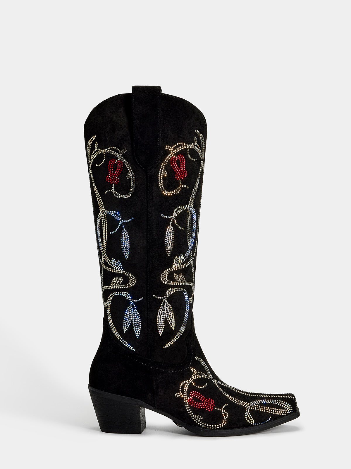 black-rhinestone-lily-pattern-side-zipper-cowgirl-boots