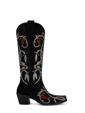 black-rhinestone-lily-pattern-side-zipper-cowgirl-boots