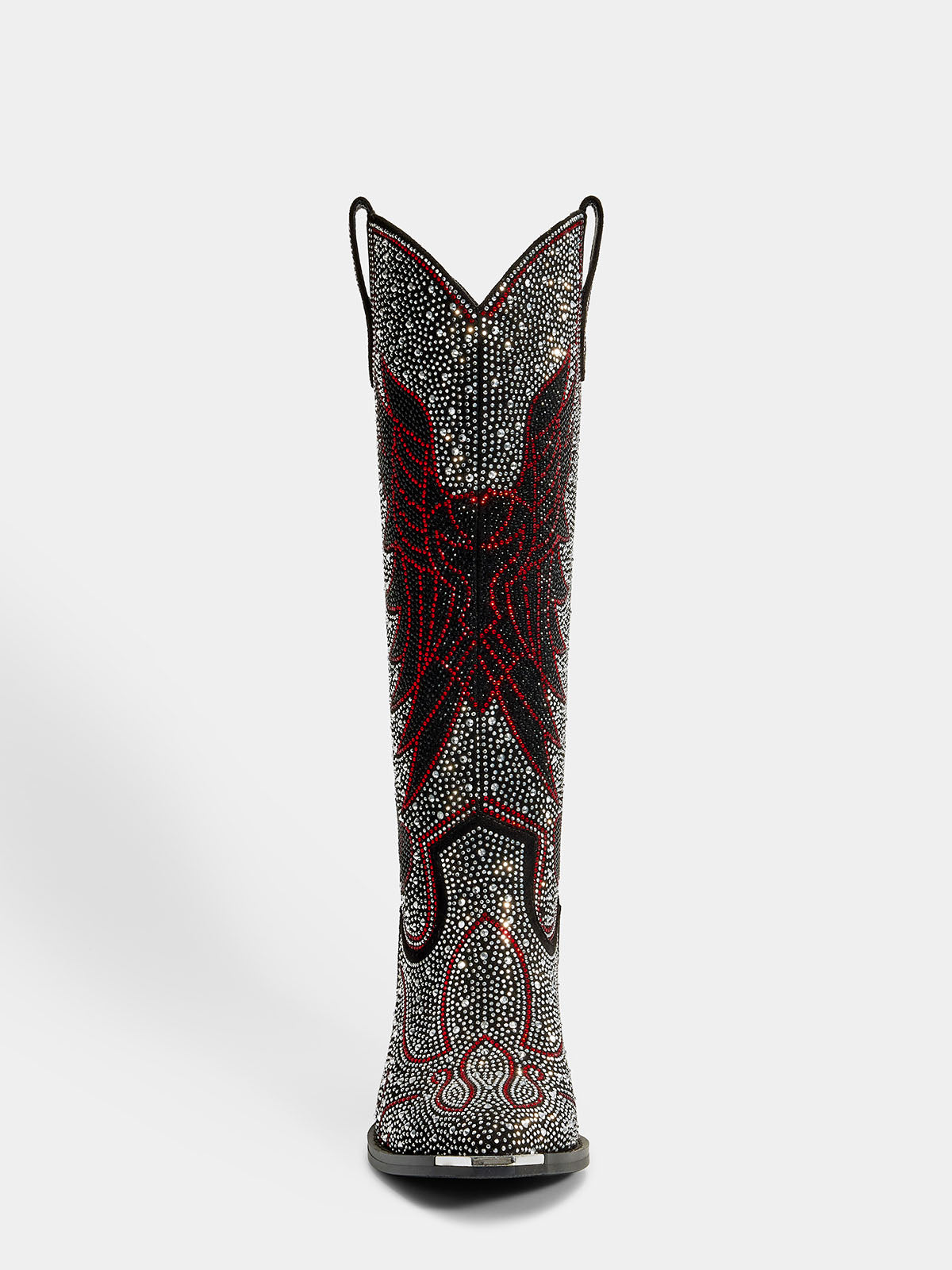 black_clear_red_rhinestone_wing_heart_knee_high_front_view_cowgirl_boots