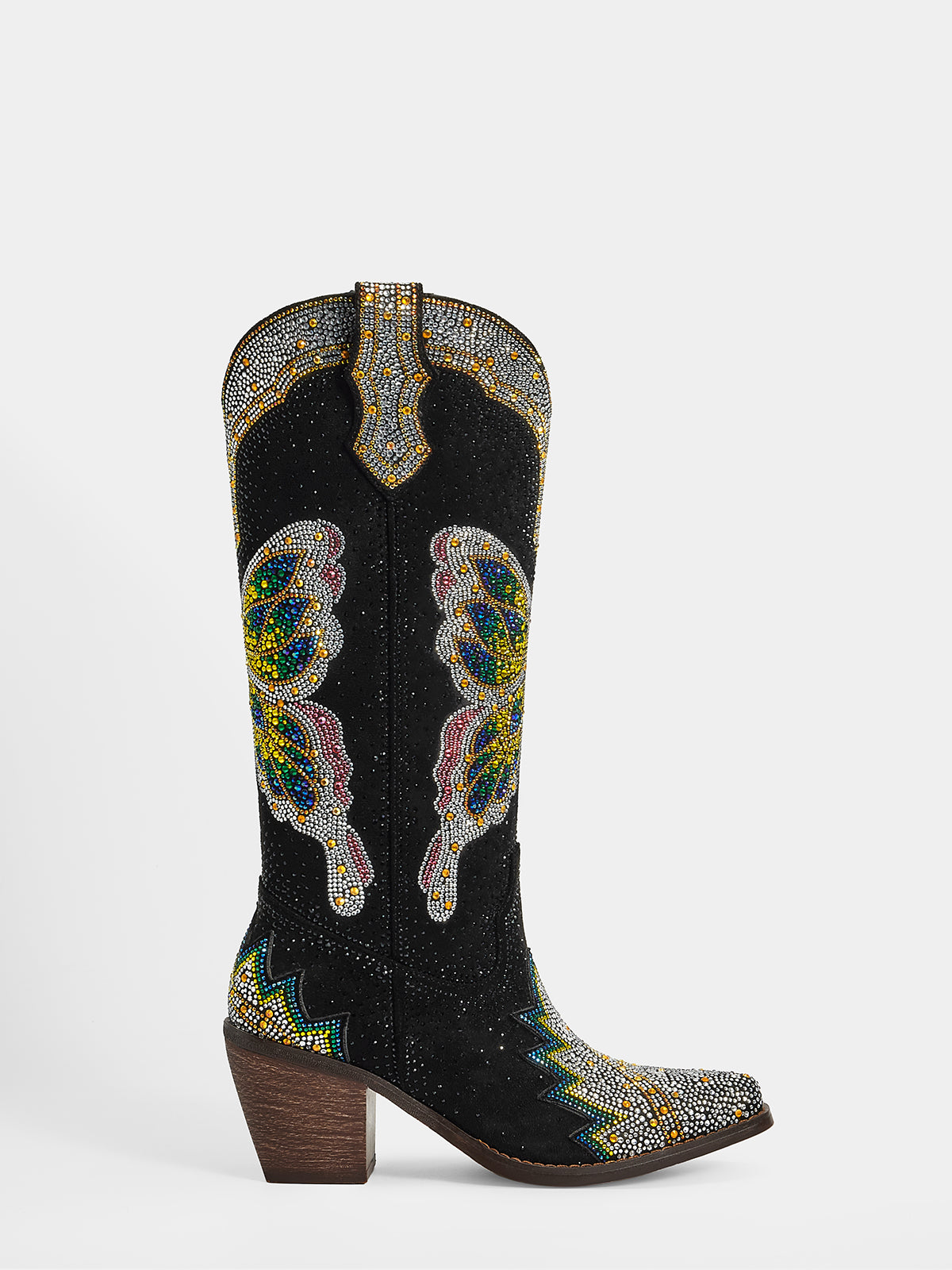 black_faux_suede_colorful_butterfly_rhinestone_knee_high_cowgirl_boots