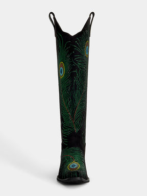 black_faux_suede_peacock_feather_cowgirl_boots