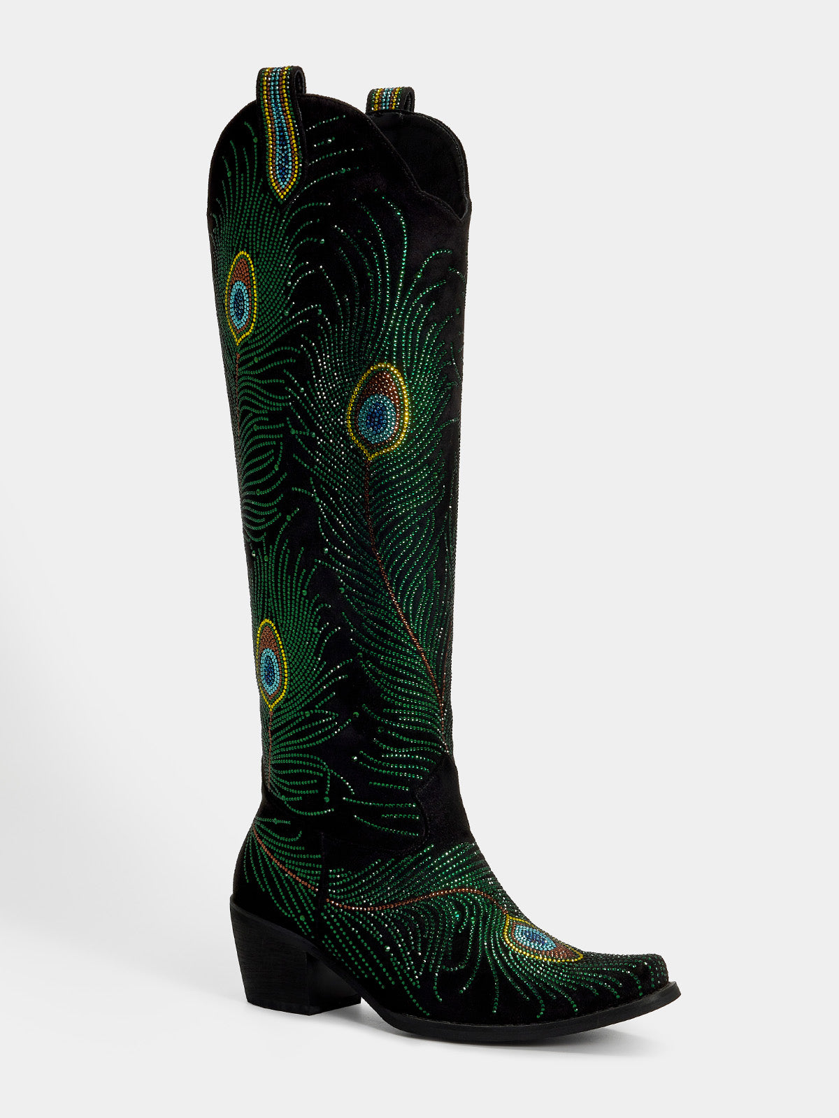 black_knee_high_peacock_rhinestone_embellished_cowgirl_boots