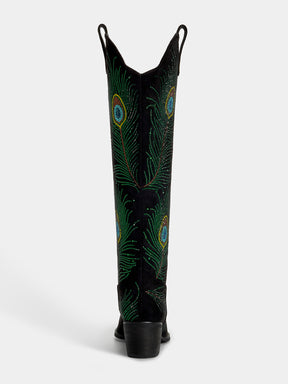 black_peacock_rhinestone_block_heel_cowgirl_boots