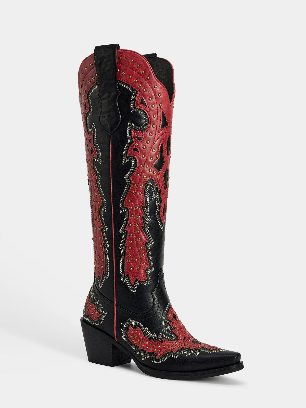 black_red_geometric_studded_western_cowgirl_boots
