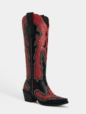 black_red_geometric_studded_western_cowgirl_boots
