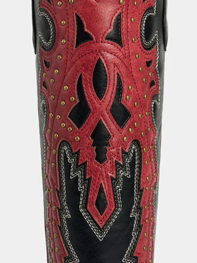 black_red_pu_brass_stud_embroidery_western_cowgirl_boots