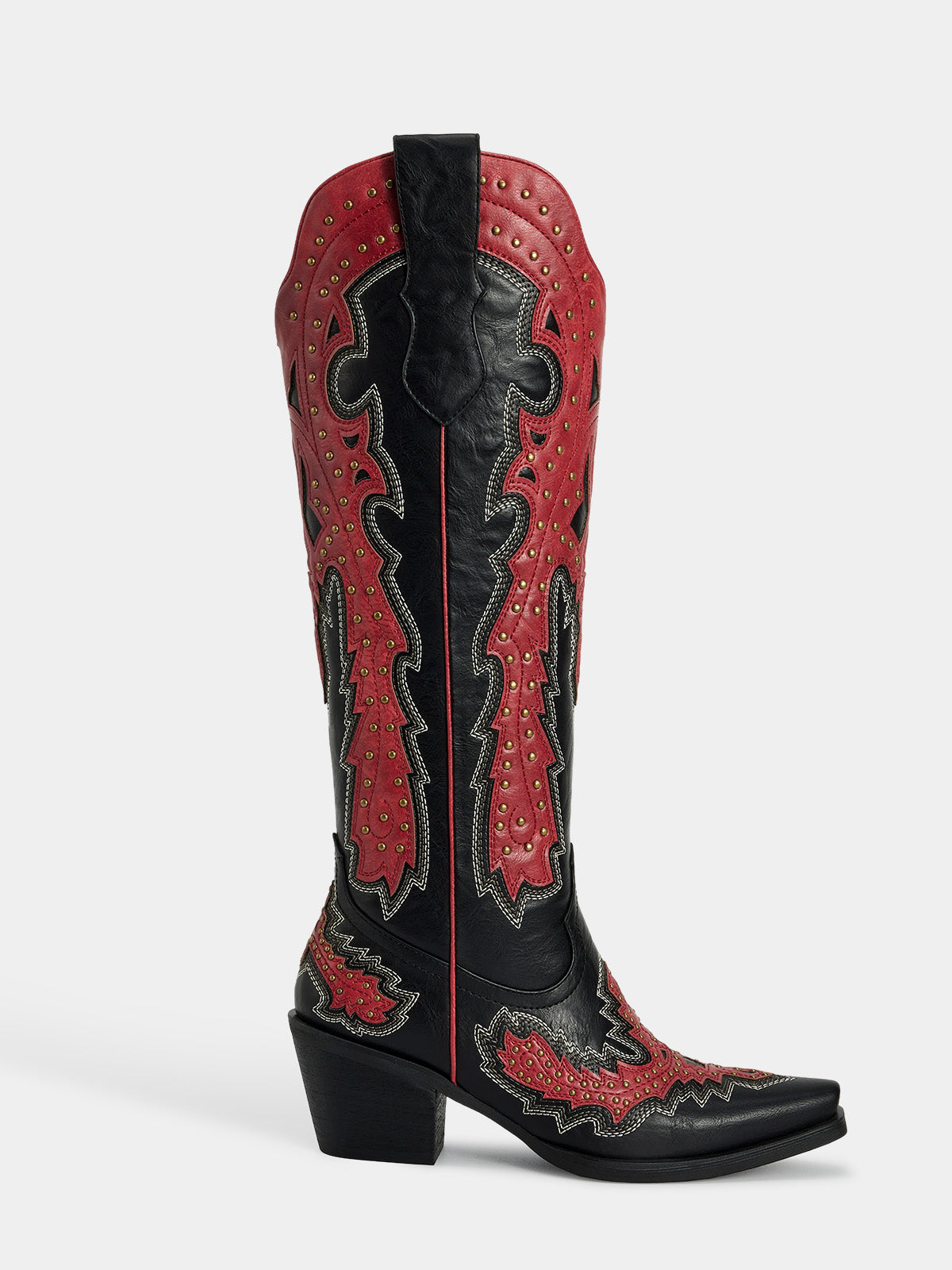 black_red_pu_stud_embroidery_western_cowgirl_boots