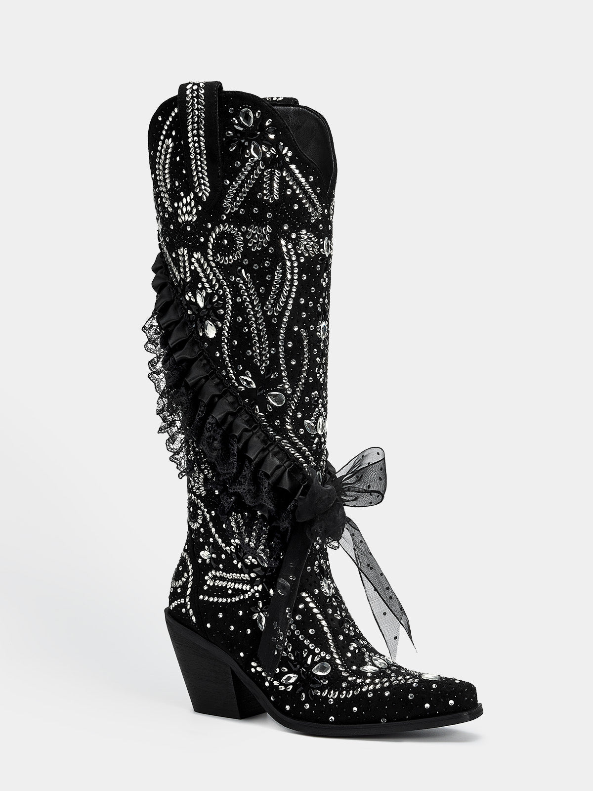 black_rhinestone_lace_bow_western_boots