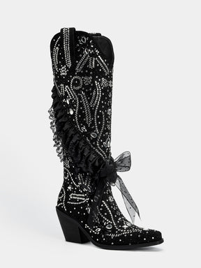 black_rhinestone_lace_bow_western_boots