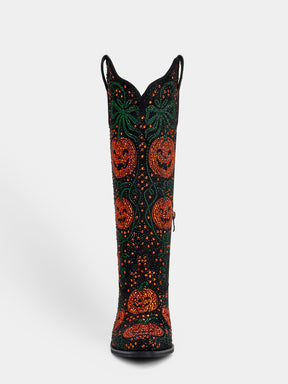 black_rhinestone_pumpkin_pattern_block_heel_western_boots