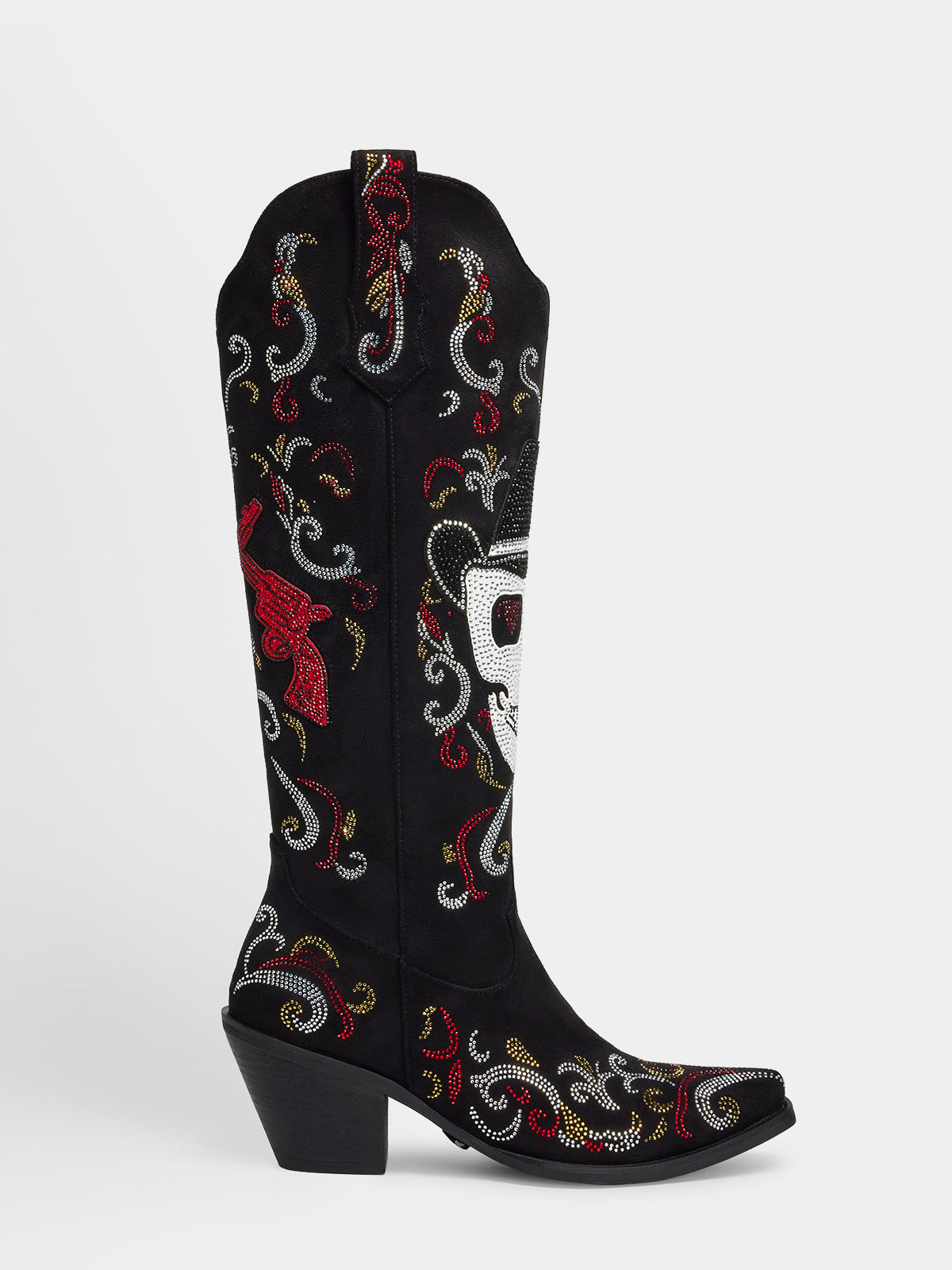 black_rhinestone_skull_crossed_pistols_western_cowgirl_boots