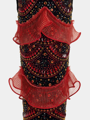 black_suede_ornate_red_gold_rhinestone_tulle_ruffle_boots