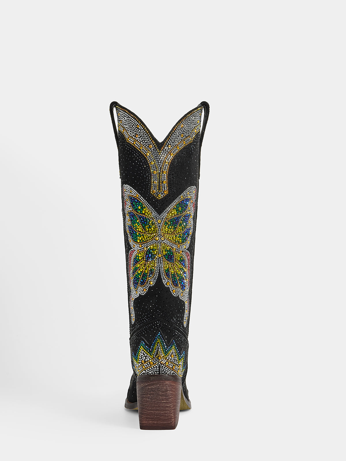 black_suede_rainbow_butterfly_rhinestone_back_heel_cowgirl_boots