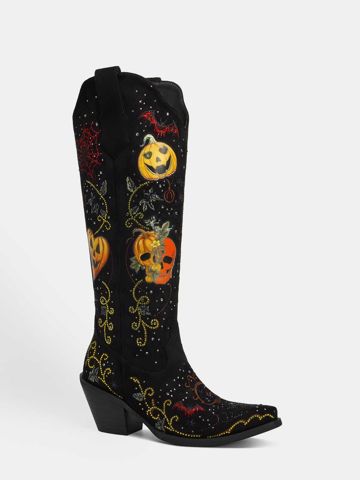 black_suede_rhinestone_embroidery_pumpkin_skull_western_cowgirl_boots