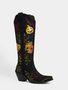 black_suede_rhinestone_embroidery_pumpkin_skull_western_cowgirl_boots