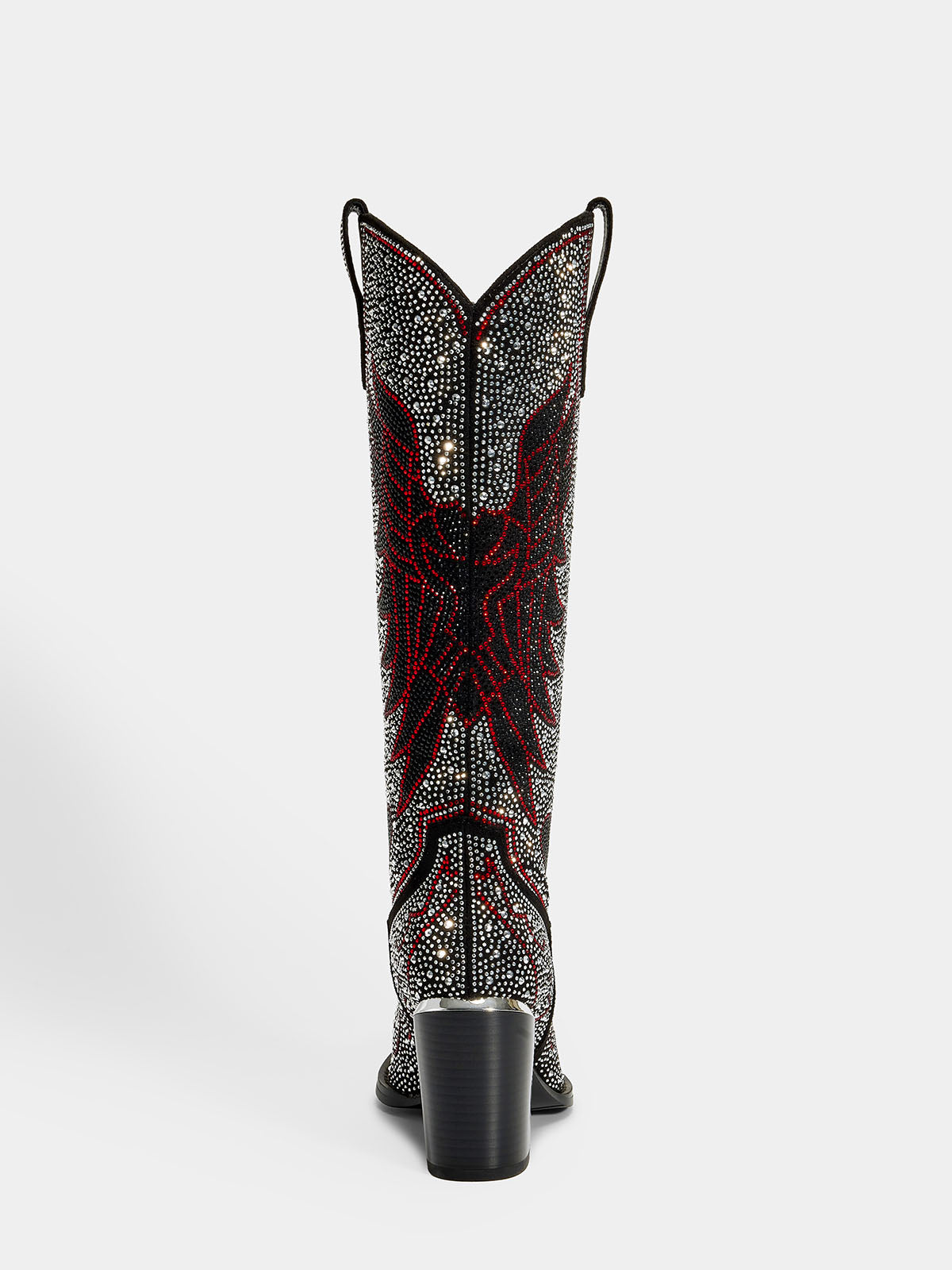 black_two_tone_rhinestone_wing_pattern_block_heel_back_view_cowgirl_boots