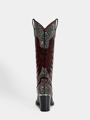 black_two_tone_rhinestone_wing_pattern_block_heel_back_view_cowgirl_boots