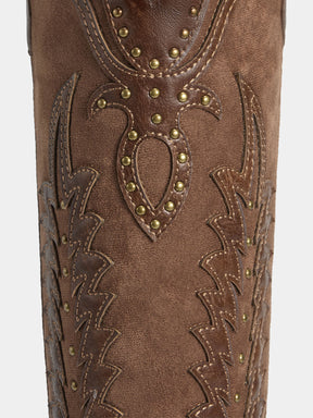 brown-embossed-leaf-rivets-western-boots-faux-suede