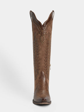 brown-embossed-leaf-rivets-western-boots-knee-high