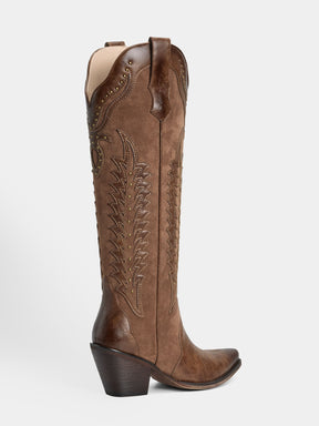 brown-embossed-leaf-rivets-western-boots-mid-heel