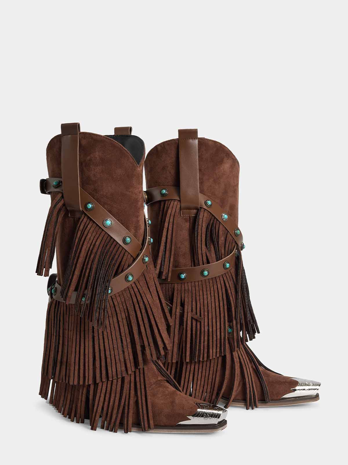 brown-fringe-turquoise-harness-strap-western-boots-pair