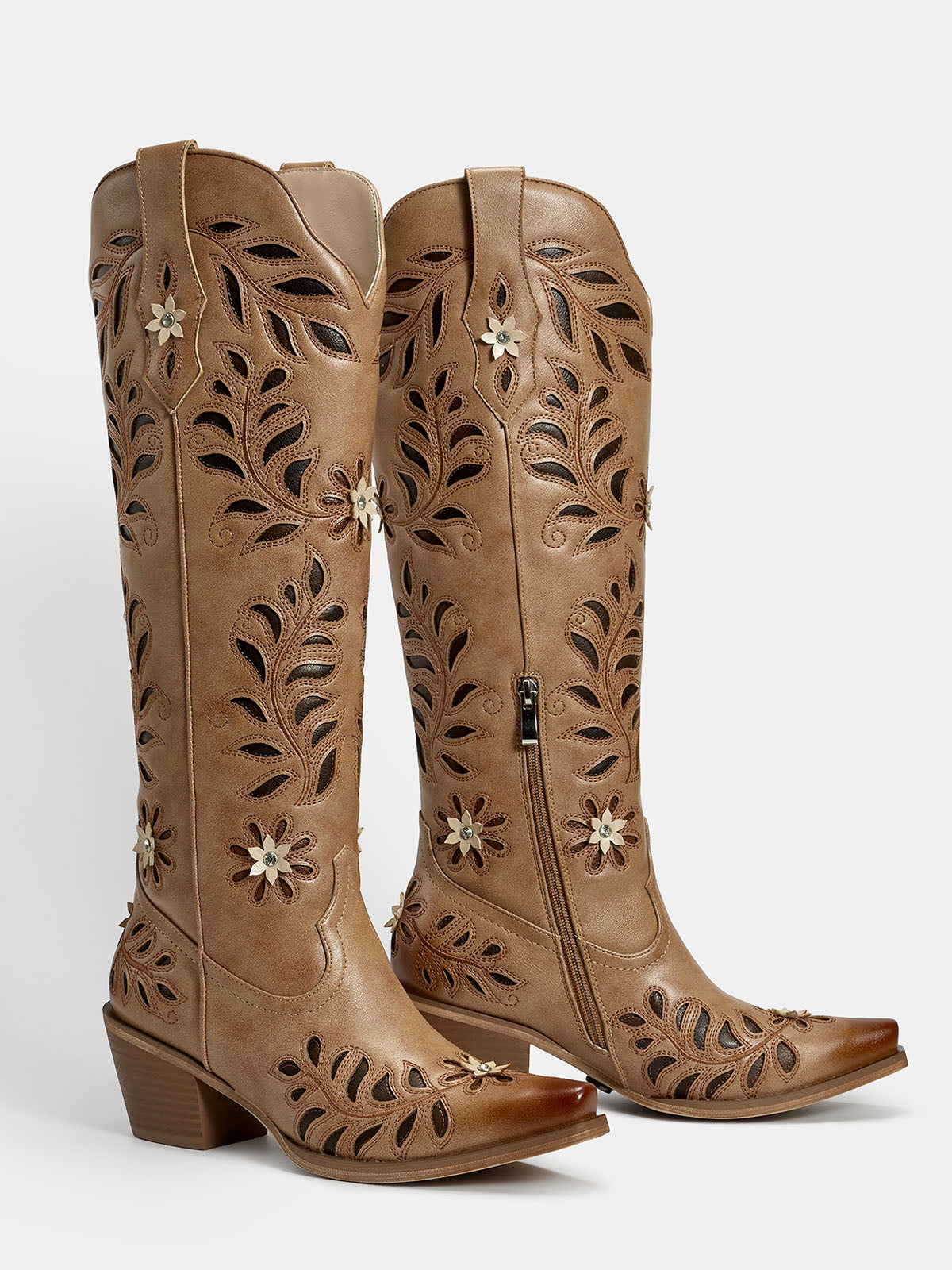chestnut-brown-cut-out-dimensional-floral-western-boots-pair