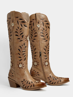 chestnut-brown-cut-out-dimensional-floral-western-boots-pair