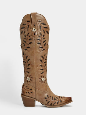 chestnut-brown-cut-out-dimensional-floral-western-boots-side-zipper