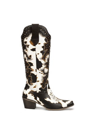 dark-brown-and-white-embroidered-cow-print-cowgirl-boots-side-zipper