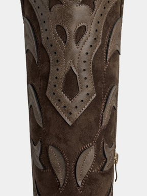 dark-brown-embossed-leaf-western-boots-faux-suede
