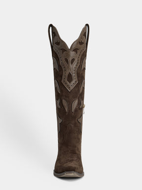 dark-brown-embossed-leaf-western-boots-knee-high
