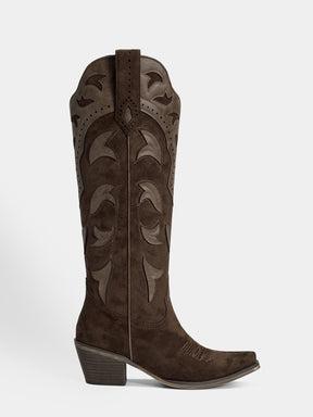 dark-brown-embossed-leaf-western-boots-side-zipper