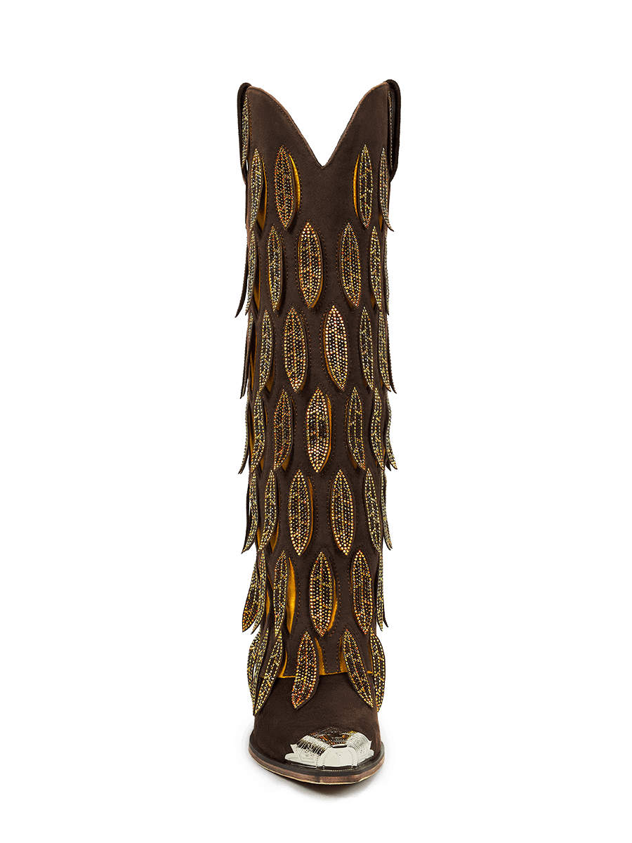 dark-brown-fold-over-dangle-leaves-knee-high-western-cowgirl-boots